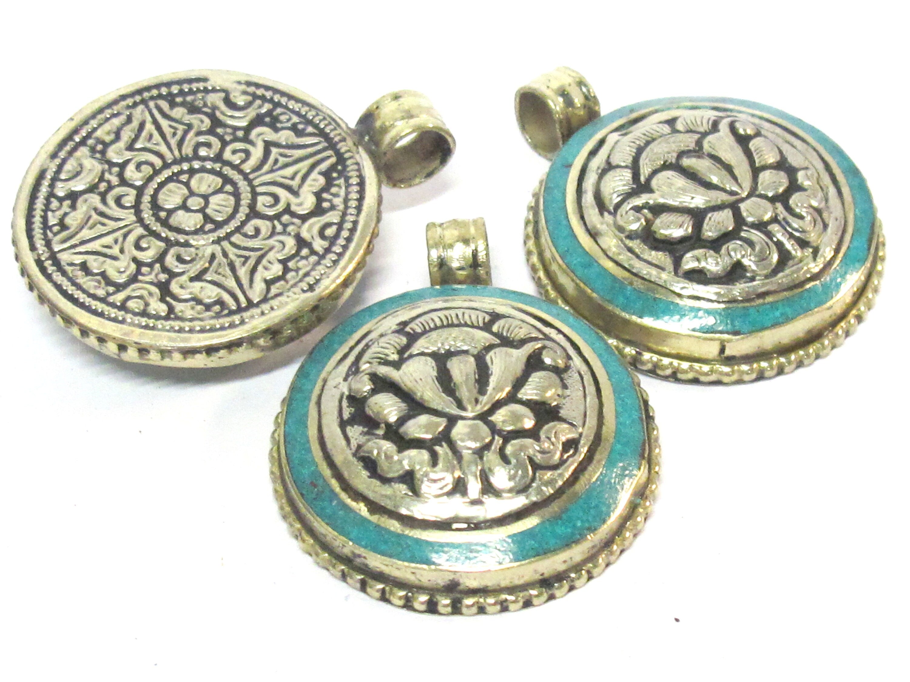1 Pendant - Tibetan lotus flower double dorje symbol reversible pendant with turquoise inlay - PM610A