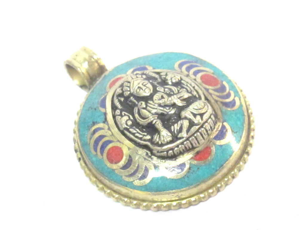 1 Pendant - Tibetan Buddha double dorje symbol reversible pendant with turquoise inlay - PM610B