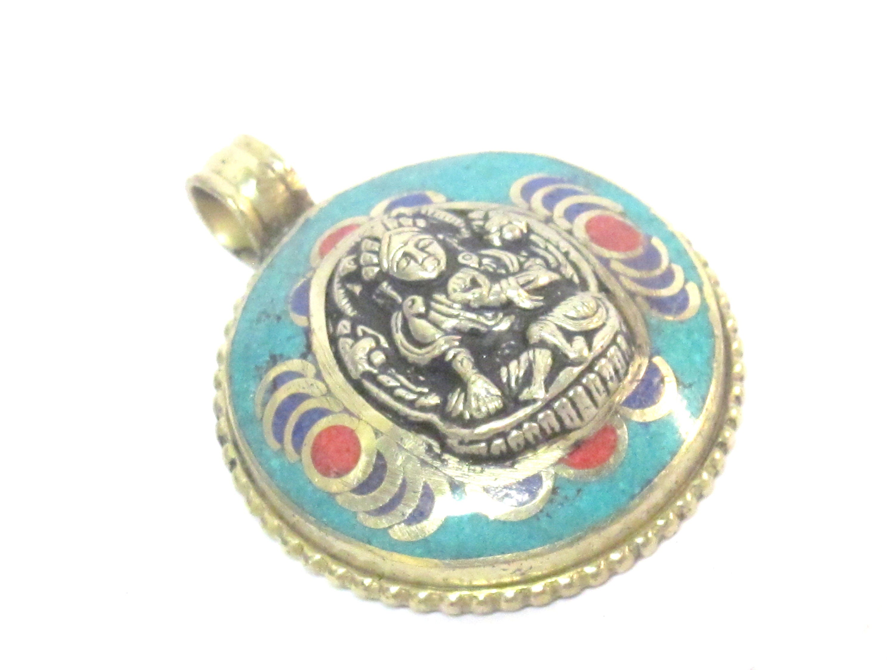 1 Pendant - Tibetan Buddha double dorje symbol reversible pendant with turquoise inlay - PM610B