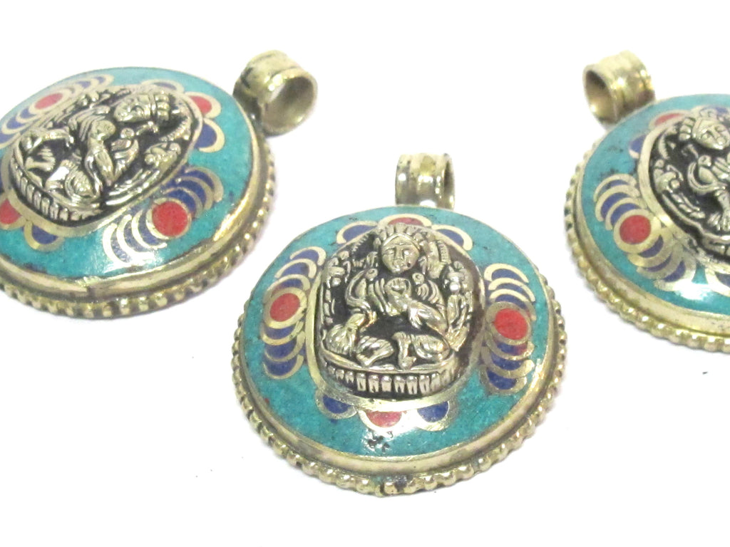 1 Pendant - Tibetan Buddha double dorje symbol reversible pendant with turquoise inlay - PM610B