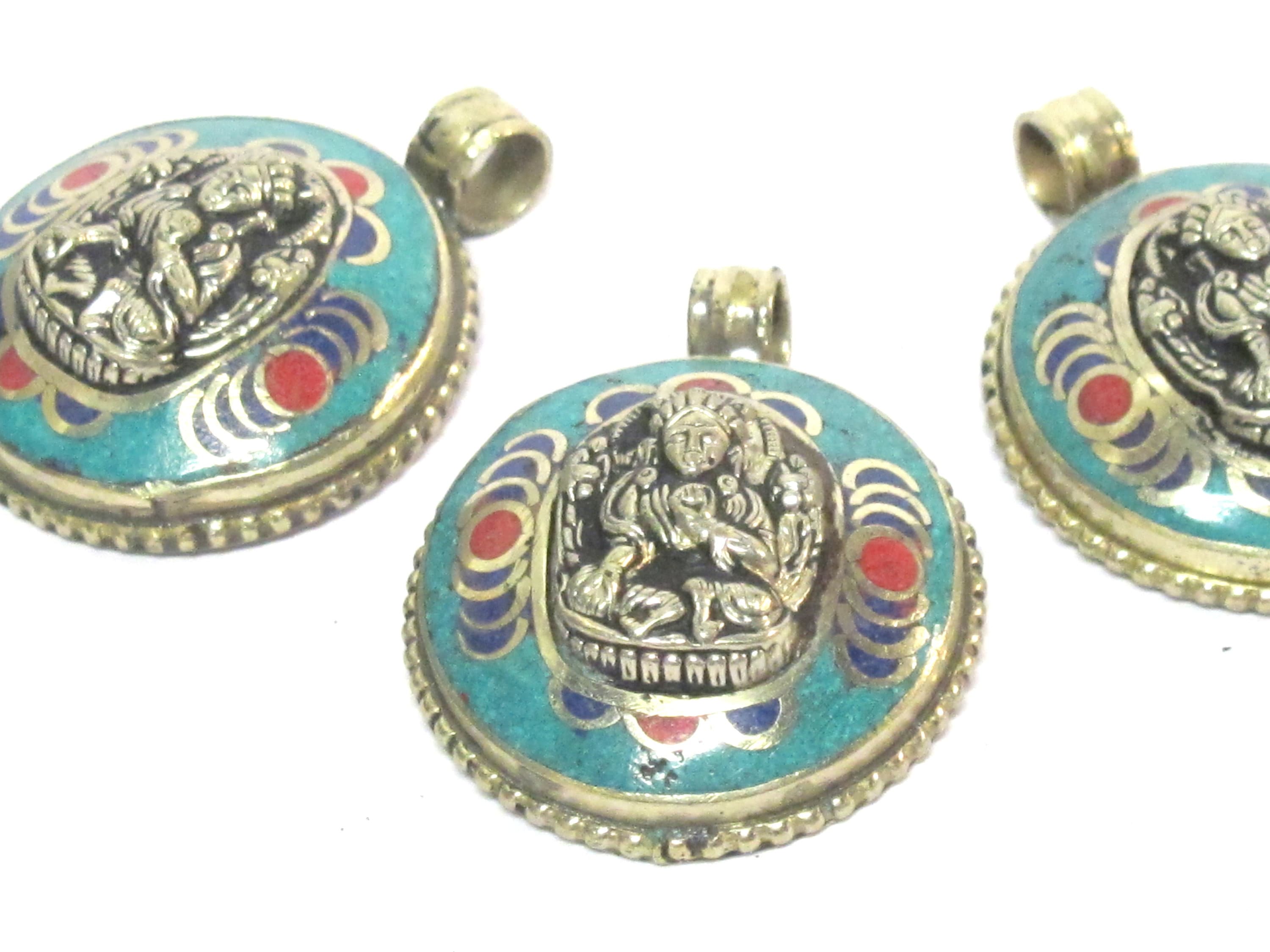 1 Pendant - Tibetan Buddha double dorje symbol reversible pendant with turquoise inlay - PM610B