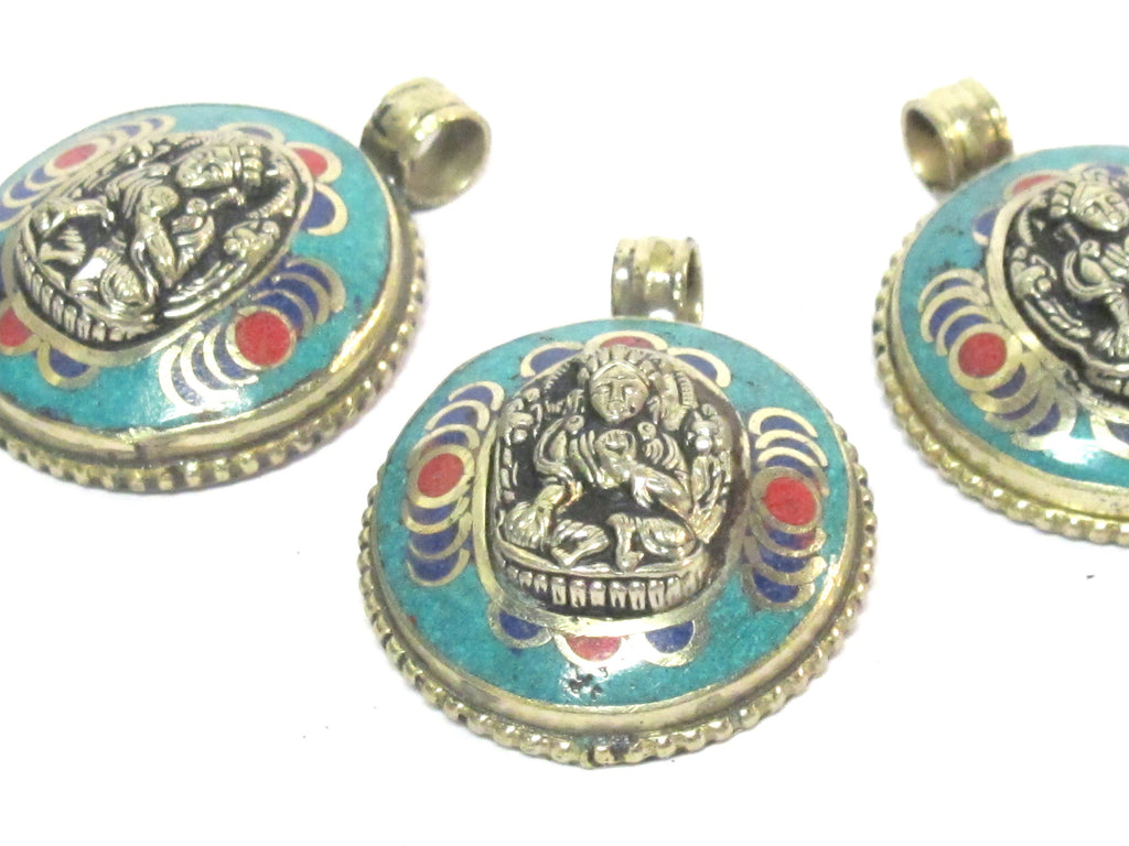 1 Pendant - Tibetan Buddha double dorje symbol reversible pendant with turquoise inlay - PM610B