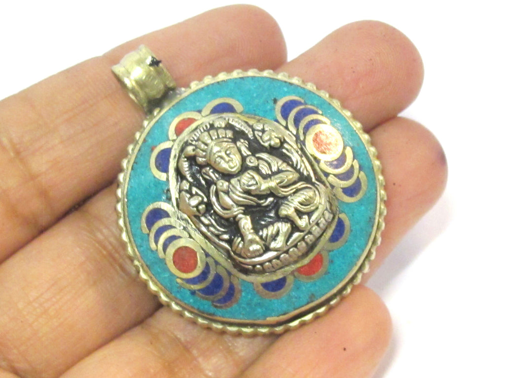 1 Pendant - Tibetan Buddha double dorje symbol reversible pendant with turquoise inlay - PM610B
