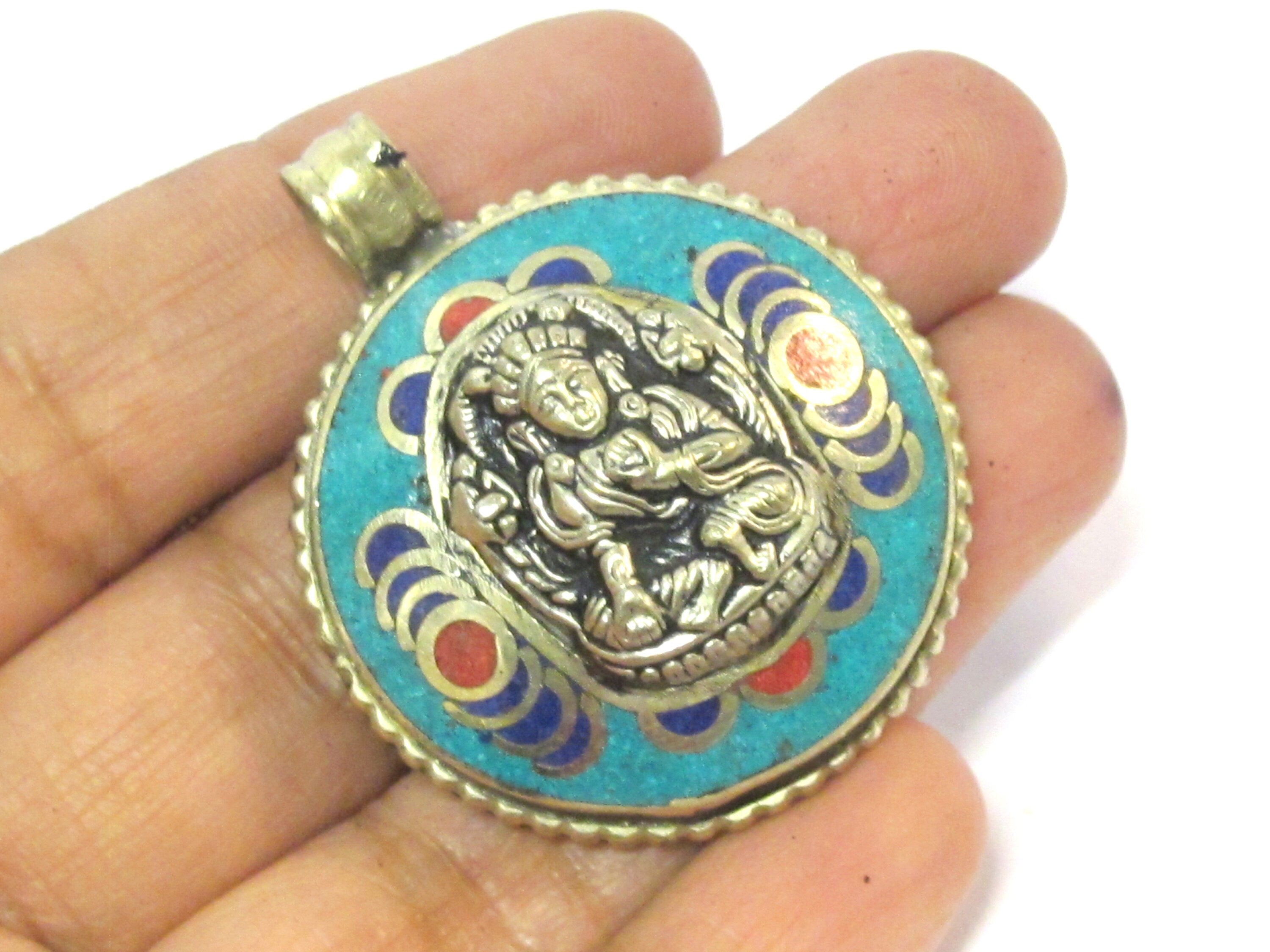 1 Pendant - Tibetan Buddha double dorje symbol reversible pendant with turquoise inlay - PM610B
