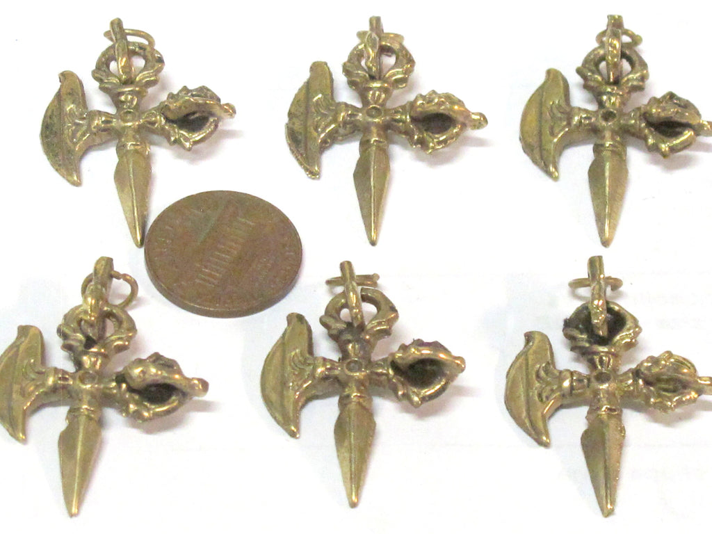 1 Pendant - Ethnic small medium size Tibetan Dorje Vajra axe brass pendant from Nepal - CP137