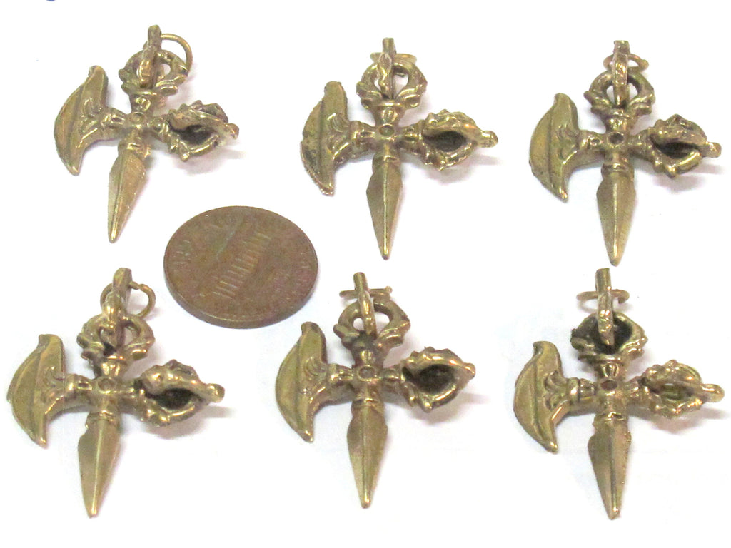 1 Pendant - Ethnic small medium size Tibetan Dorje Vajra axe brass pendant from Nepal - CP137
