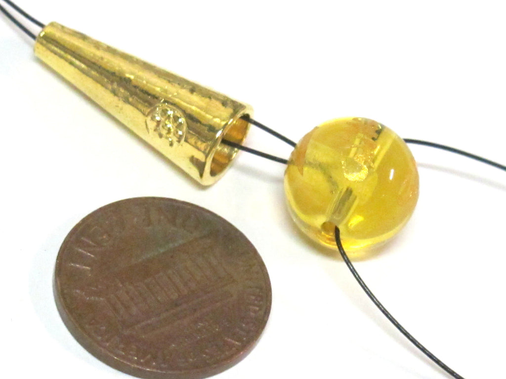 1 Guru Bead set - 12 mm size Tibetan om mantra etched golden honey lemon color synthetic quartz Guru bead and gold color cone bead - GB067