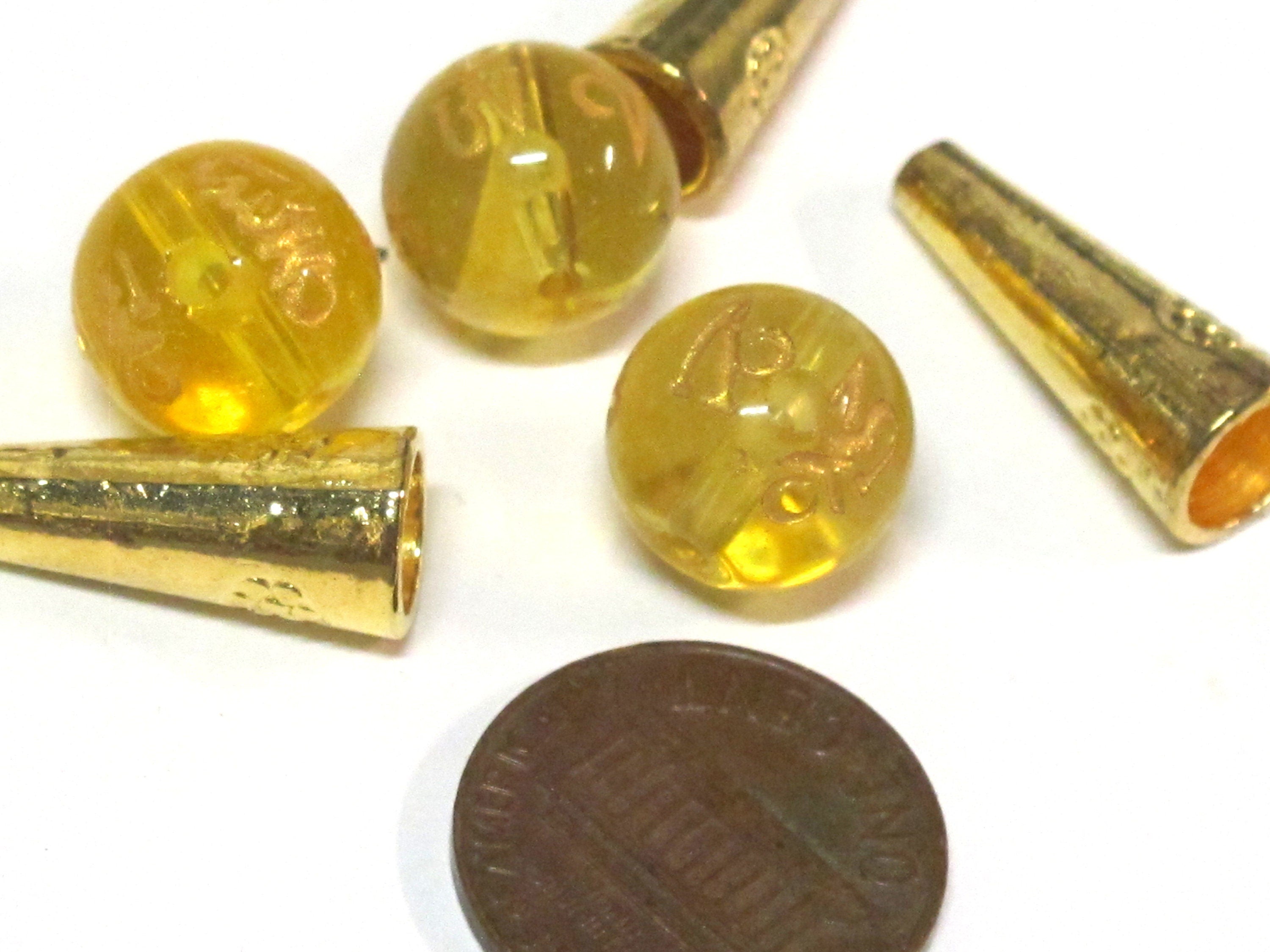 1 Guru Bead set - 12 mm size Tibetan om mantra etched golden honey lemon color synthetic quartz Guru bead and gold color cone bead - GB067