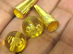 1 Guru Bead set - 12 mm size Tibetan om mantra etched golden honey lemon color synthetic quartz Guru bead and gold color cone bead - GB067