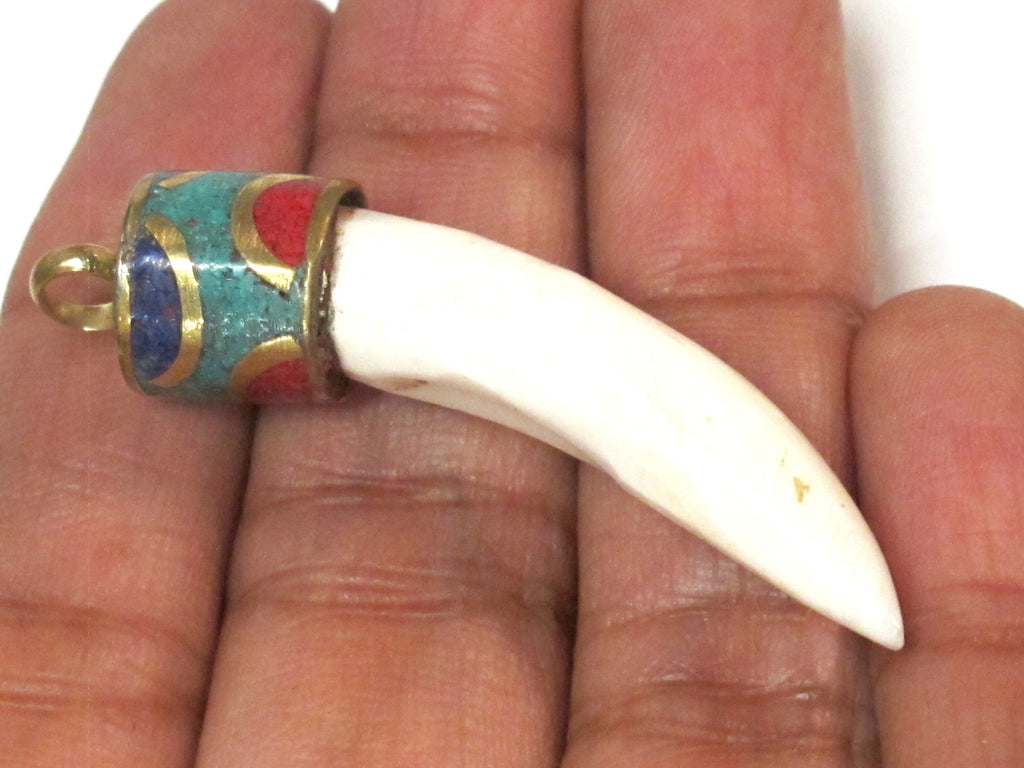 1 Pendant- Tibetan Naga Conch shell pendant with mix turquoise lapis inlay - PM366K