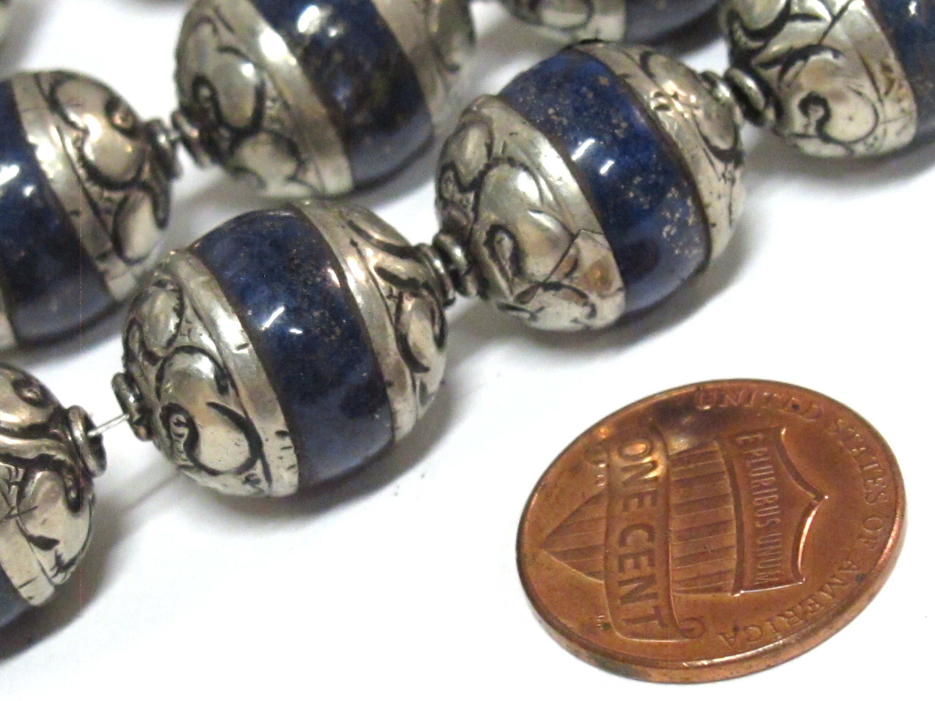 1 BEAD Tibetan capped Lapis Lazuli gemstone bead- 17 - 18 mm long x 13 - 14 mm thick BD154A