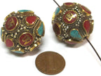 1 Bead - Large Oval ball shape Tibetan Om Brass filigree bead with turquoise inlay - BD428K