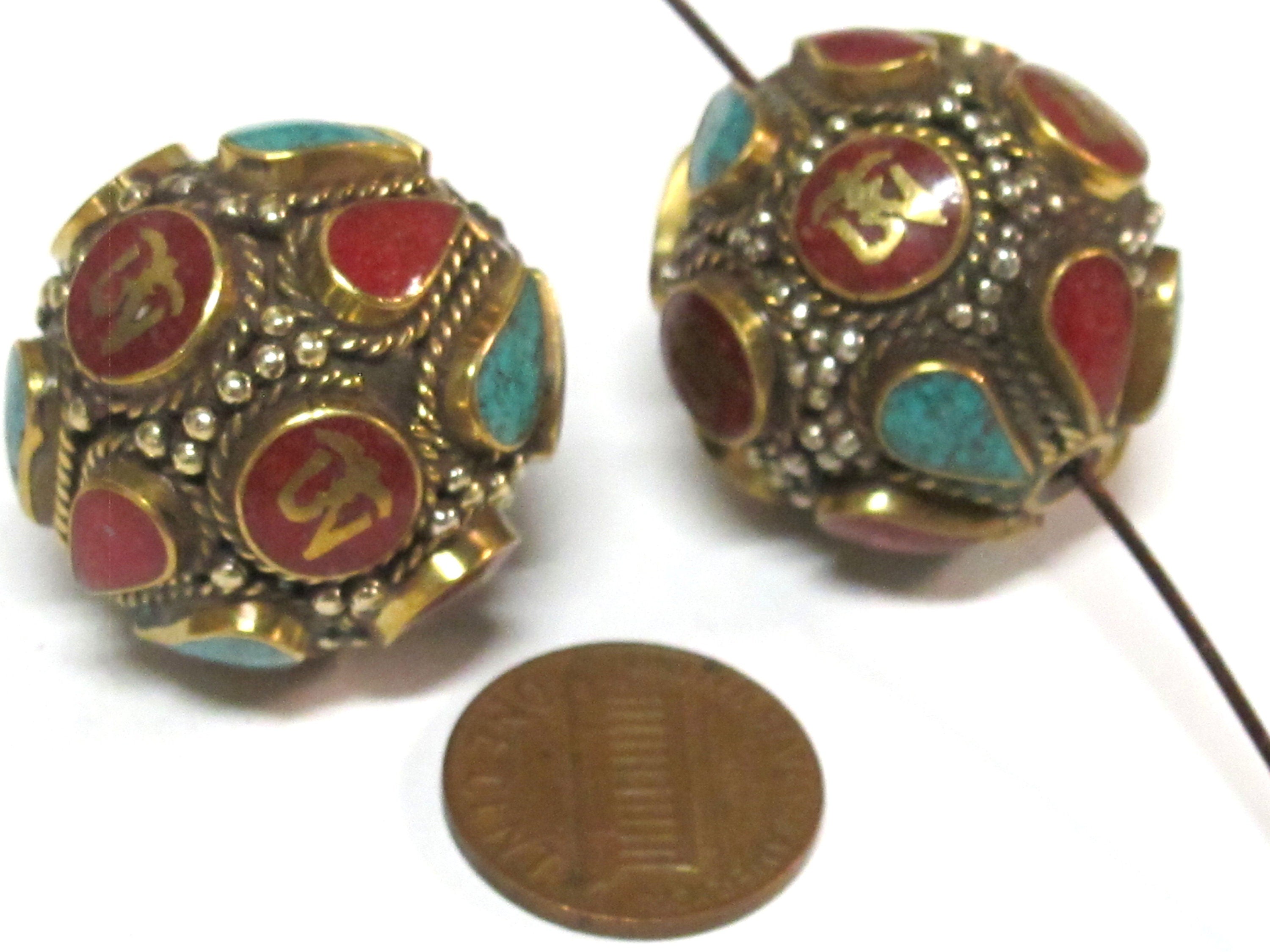1 Bead - Large Oval ball shape Tibetan Om Brass filigree bead with turquoise inlay - BD428K