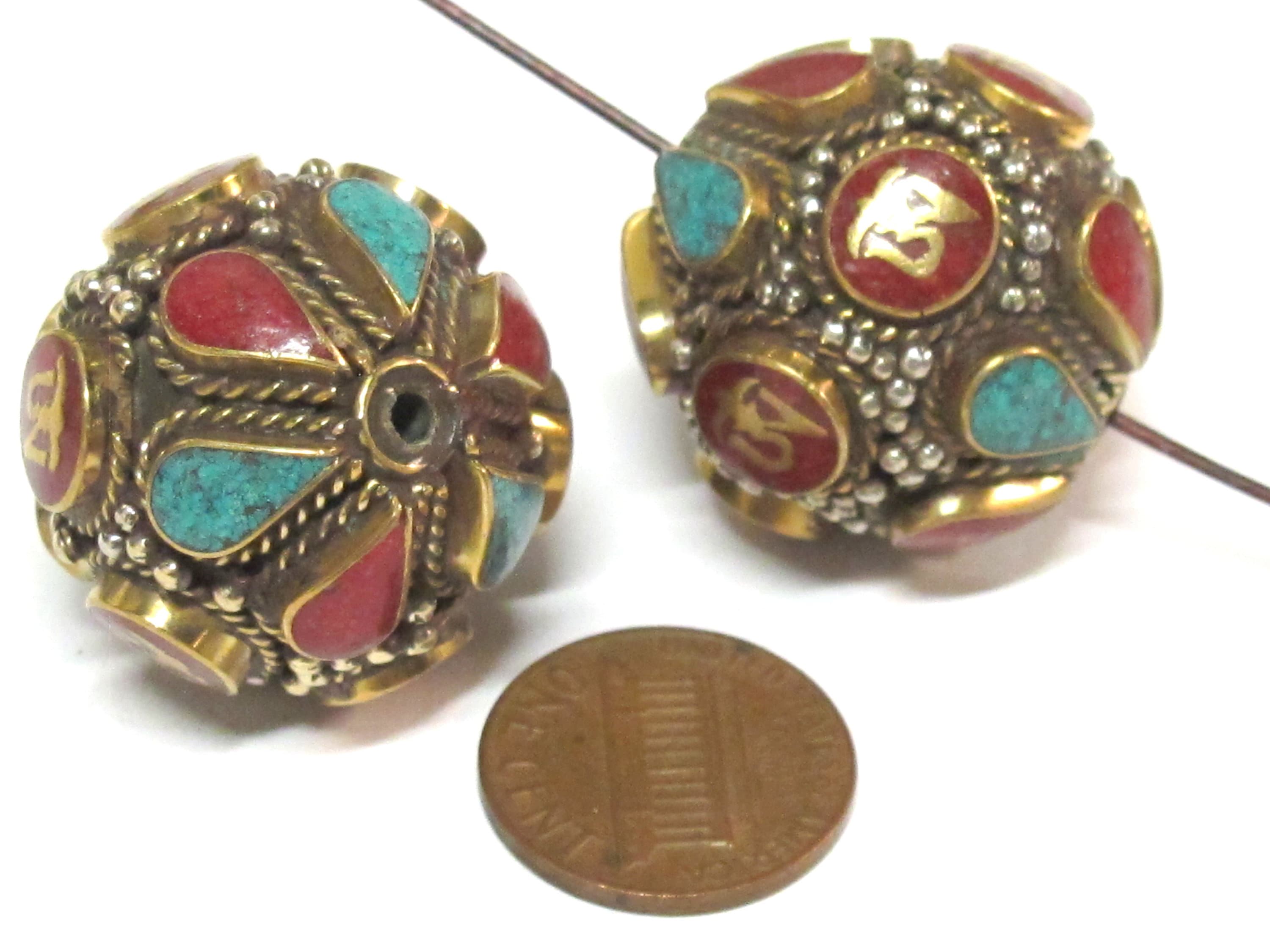 1 Bead - Large Oval ball shape Tibetan Om Brass filigree bead with turquoise inlay - BD428K