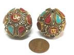 1 Bead - Large Oval ball shape Tibetan Om Brass filigree bead with turquoise inlay - BD428K