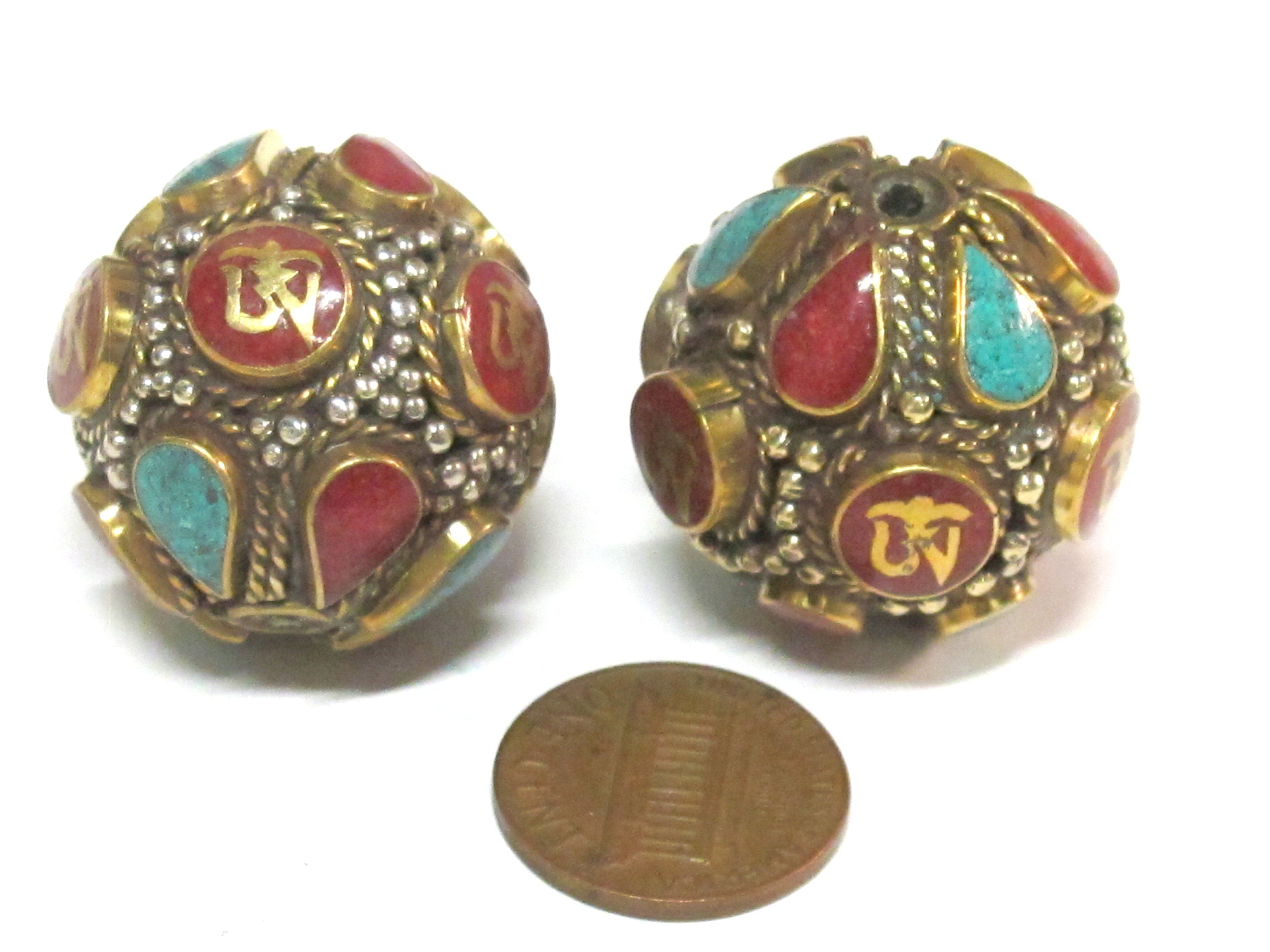 1 Bead - Large Oval ball shape Tibetan Om Brass filigree bead with turquoise inlay - BD428K