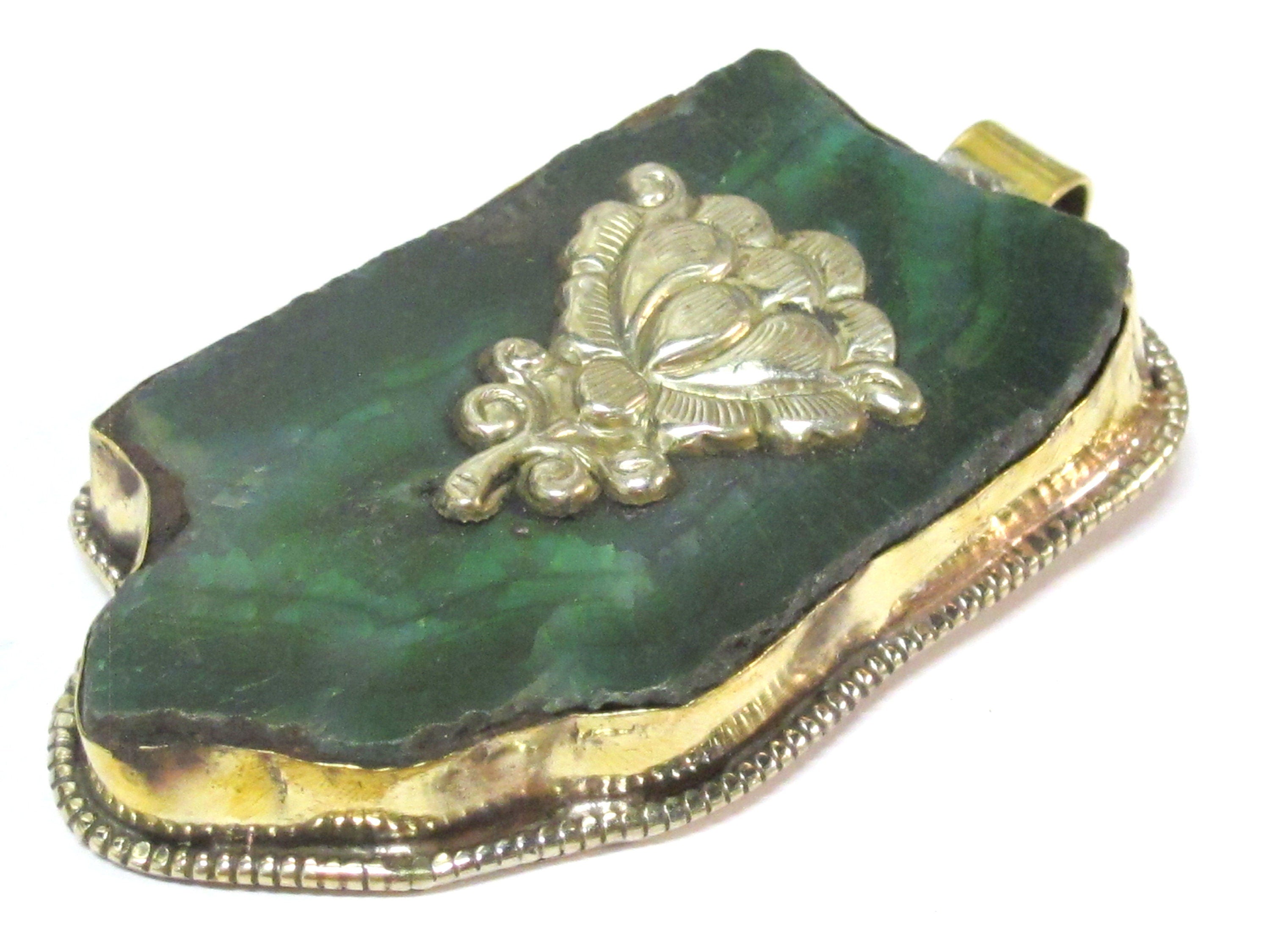 OOAK Tibetan Nepal large long freeform Green agate gemstone pendant featured with reverse side lotus flower design on brass - PM581MB