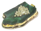 OOAK Tibetan Nepal large long freeform Green agate gemstone pendant featured with reverse side lotus flower design on brass - PM581MB