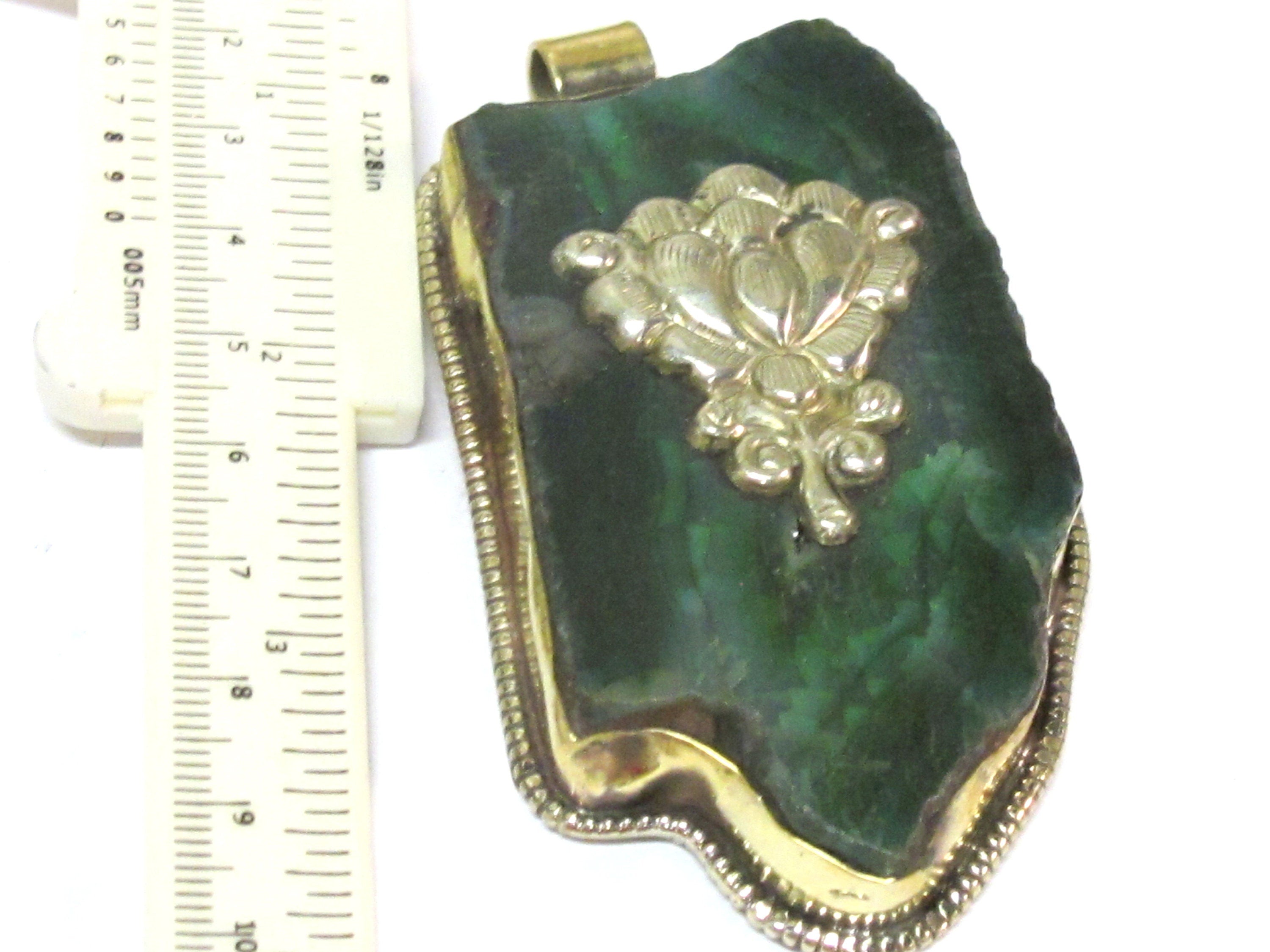 OOAK Tibetan Nepal large long freeform Green agate gemstone pendant featured with reverse side lotus flower design on brass - PM581MB