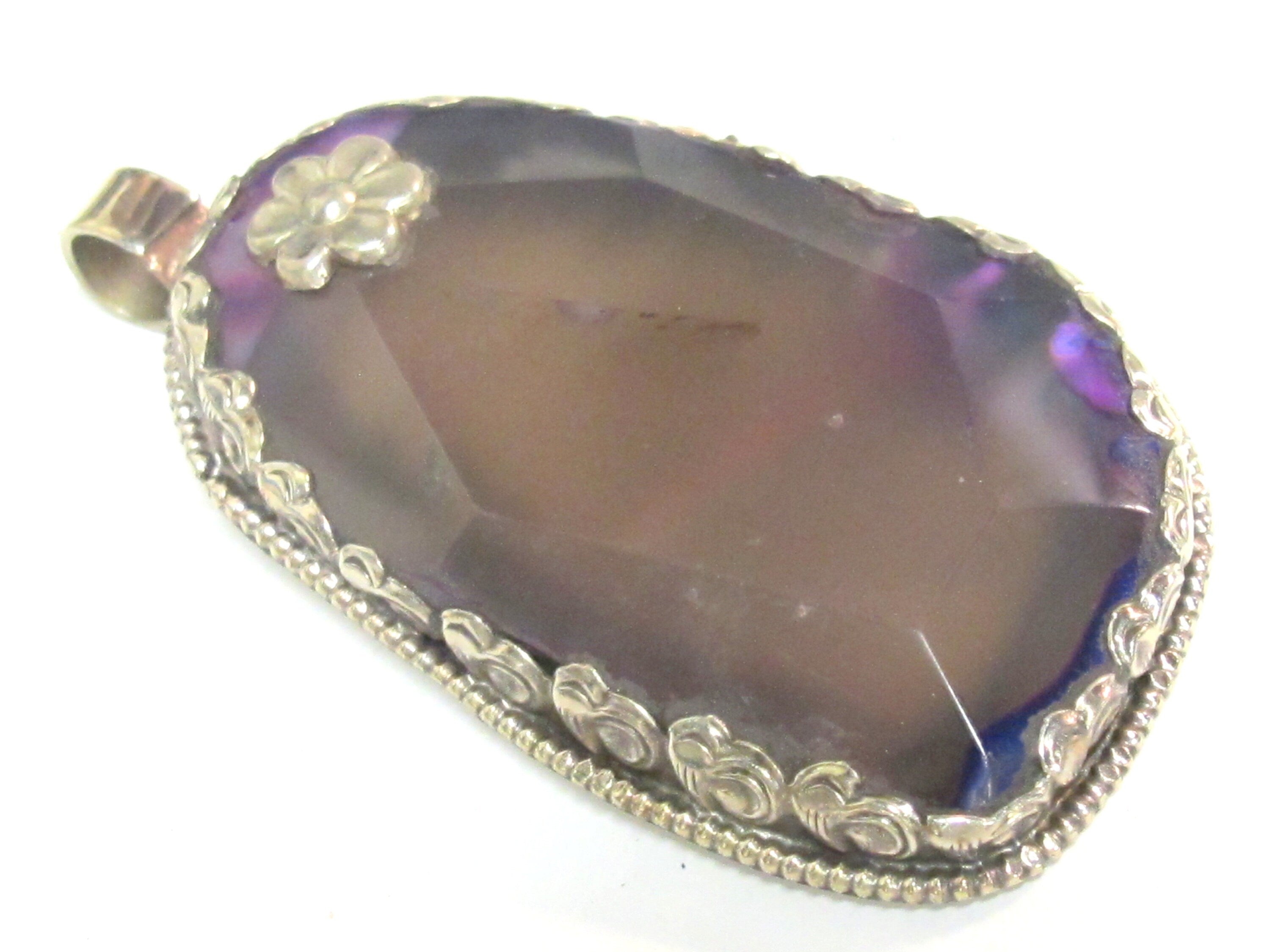 OOAK Large Big Tibetan agate gemstone pendant with floral design - PM581RF