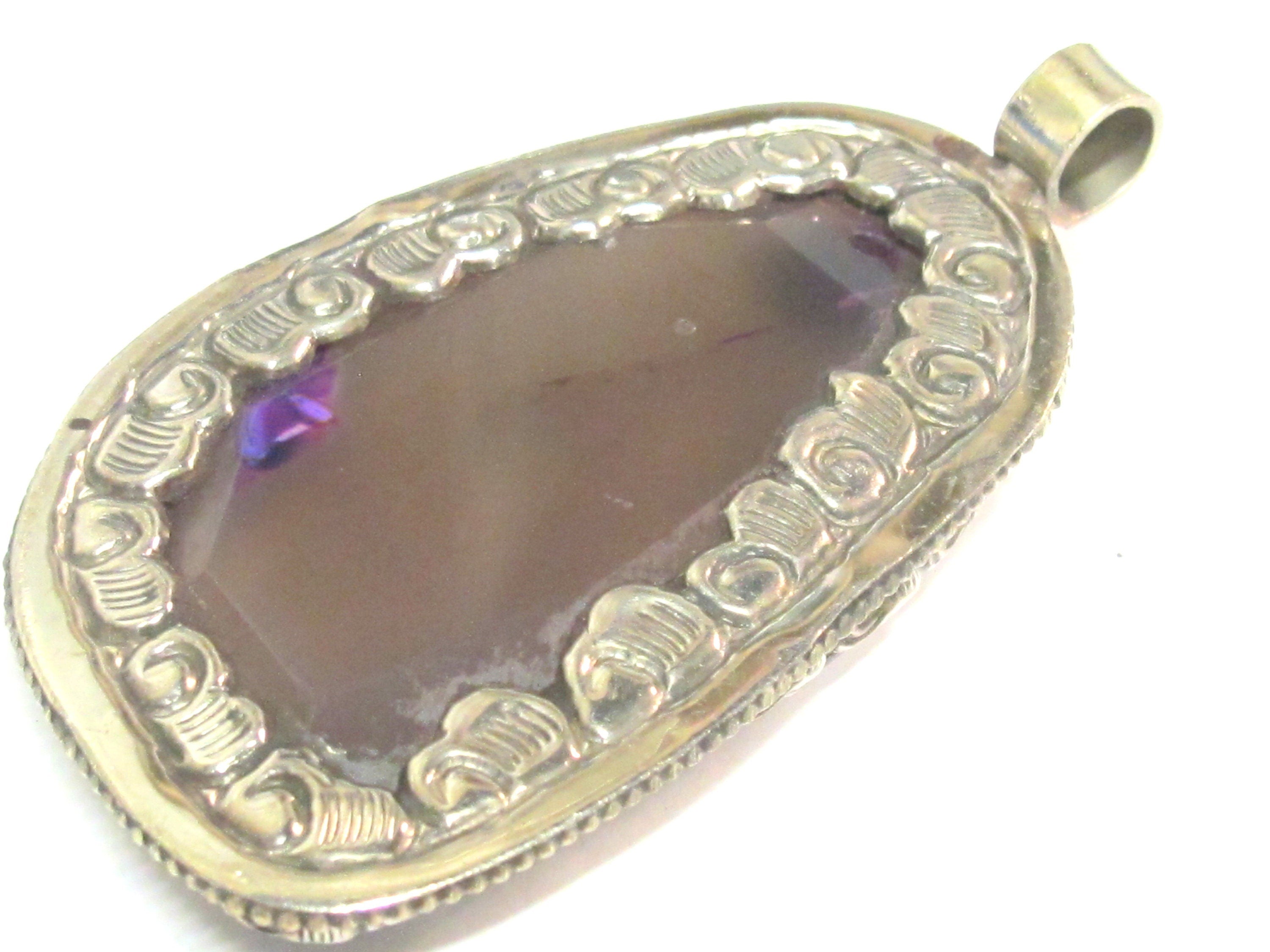 OOAK Large Big Tibetan agate gemstone pendant with floral design - PM581RF