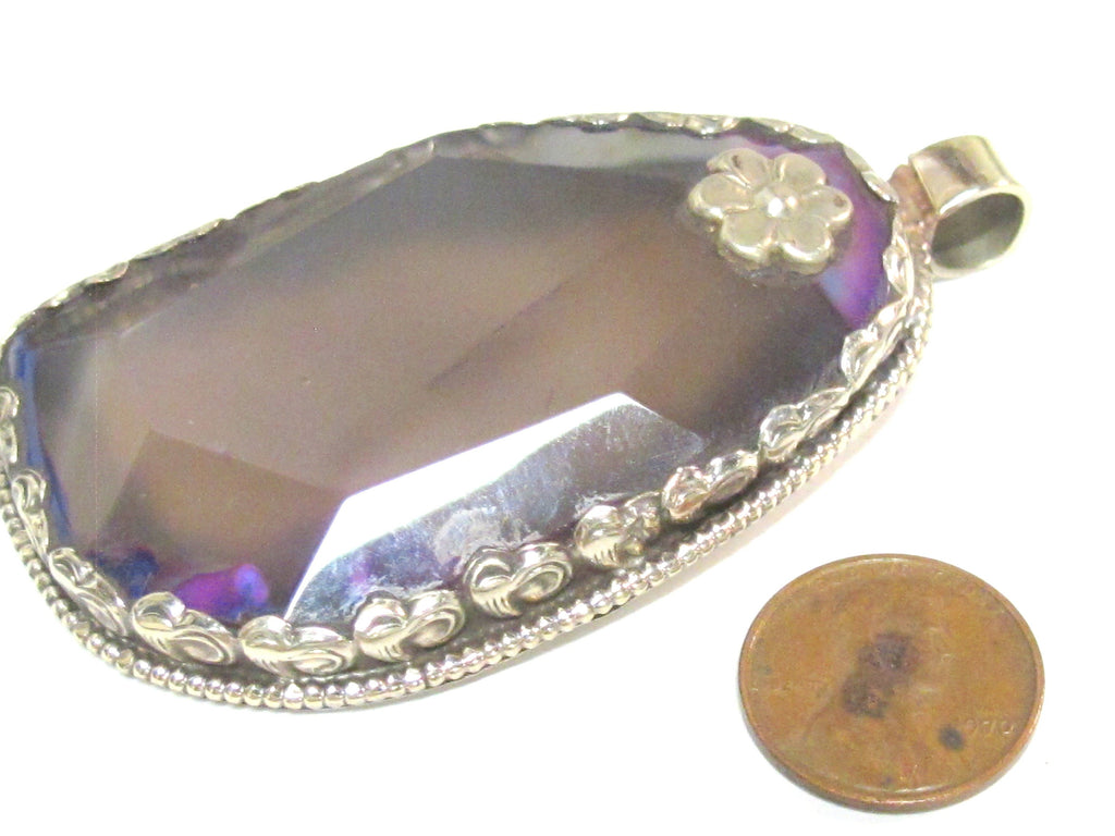 OOAK Large Big Tibetan agate gemstone pendant with floral design - PM581RF
