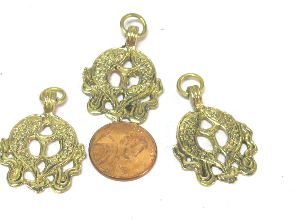 1 Pendant - Ethnic Tibetan Two golden fish auspicious Buddhist symbol charm Brass pendant Nepal - CP021C