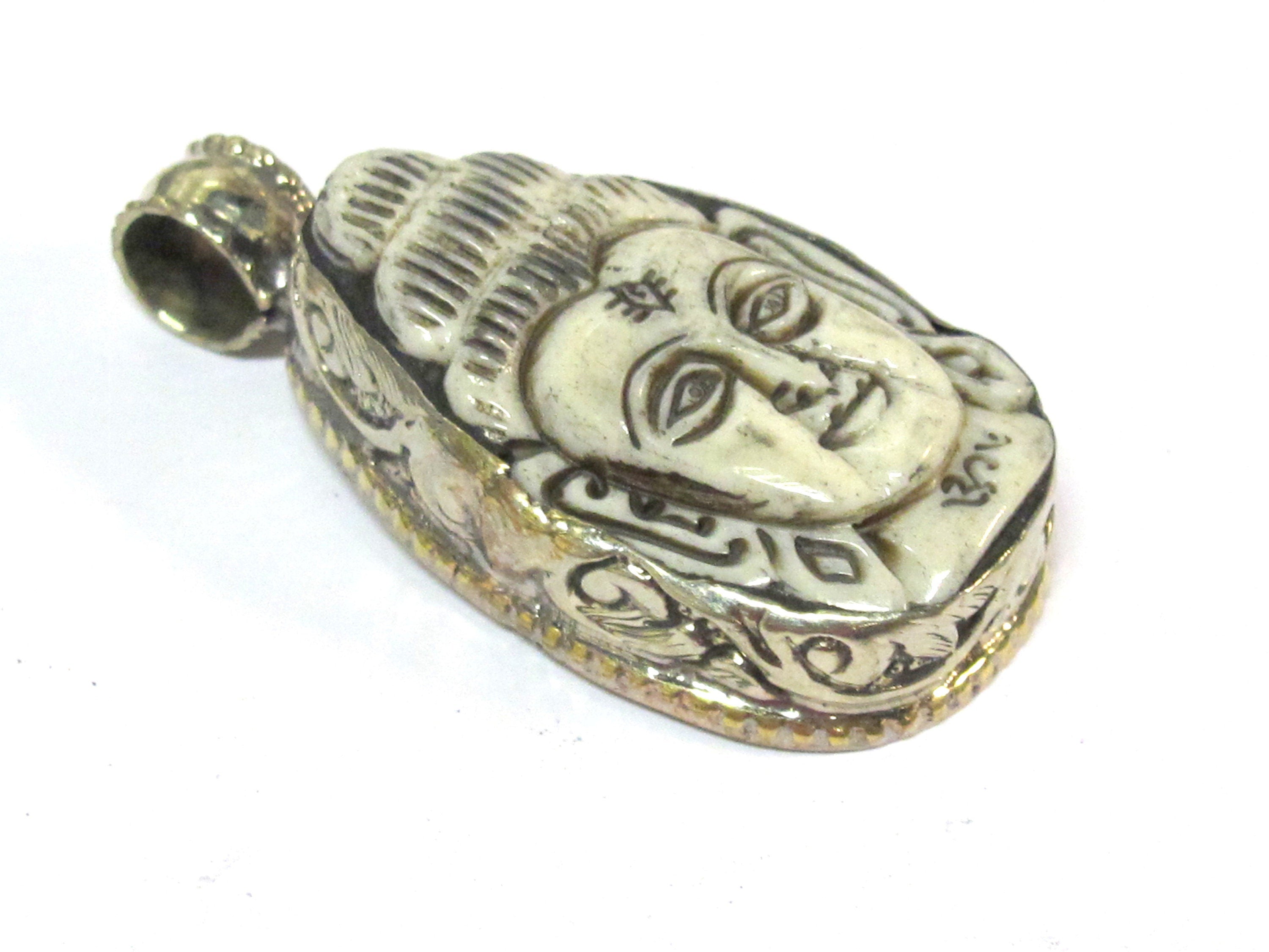 1 Pendant - Large carved bone Hindu lord Shiva pendant with floral carving on reverse side - PB010A
