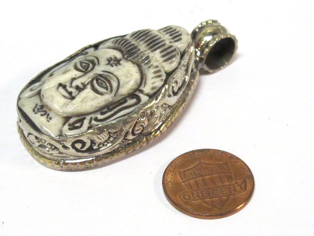 1 Pendant - Large carved bone Hindu lord Shiva pendant with floral carving on reverse side - PB010A