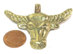 1 Pendant - Large size solid brass cattle skull head horn pendant with reverse side carving design - CP134
