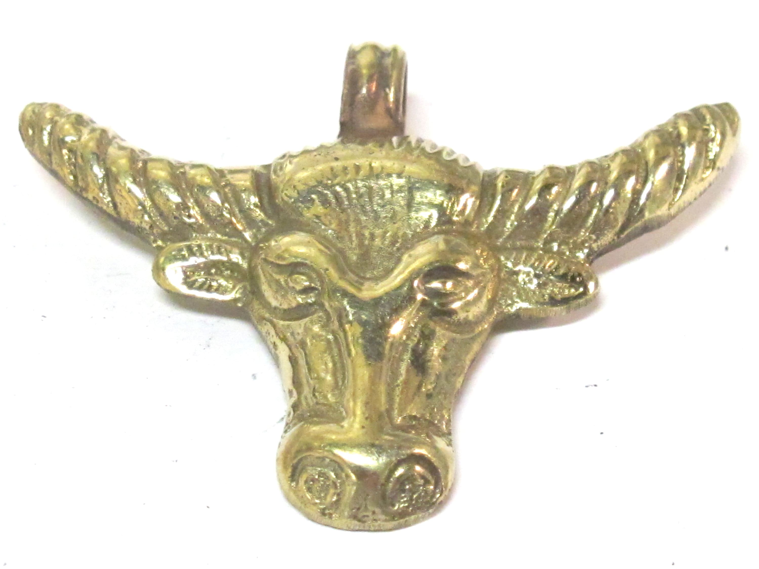 1 Pendant - Large size solid brass cattle skull head horn pendant with reverse side carving design - CP134