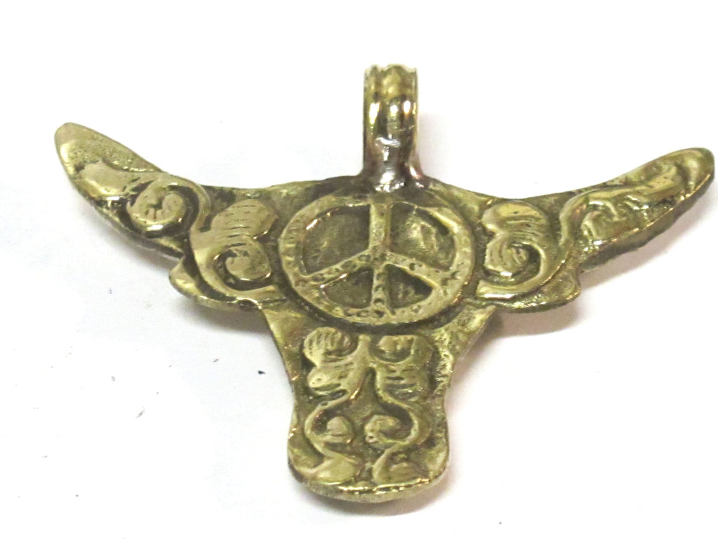 1 Pendant - Large size solid brass cattle skull head horn pendant with reverse side carving design - CP134
