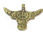 1 Pendant - Large size solid brass cattle skull head horn pendant with reverse side carving design - CP134