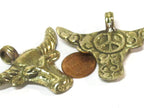 1 Pendant - Large size solid brass cattle skull head horn pendant with reverse side carving design - CP134