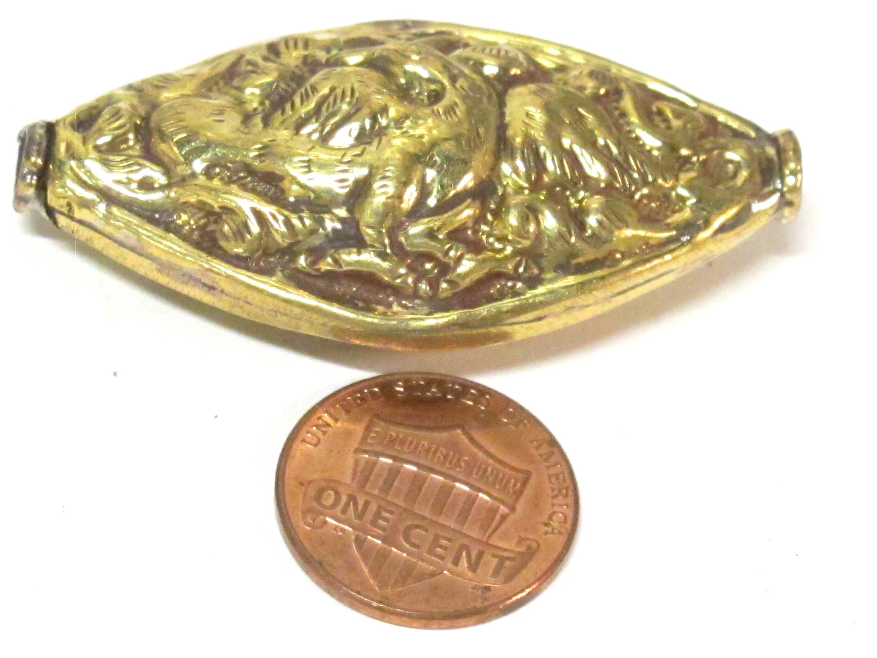 1 Bead - Dual sided large size Tibetan brass bead antiqued golden finish eagle phoenix bird carving repousse bead from Nepal - BD882B