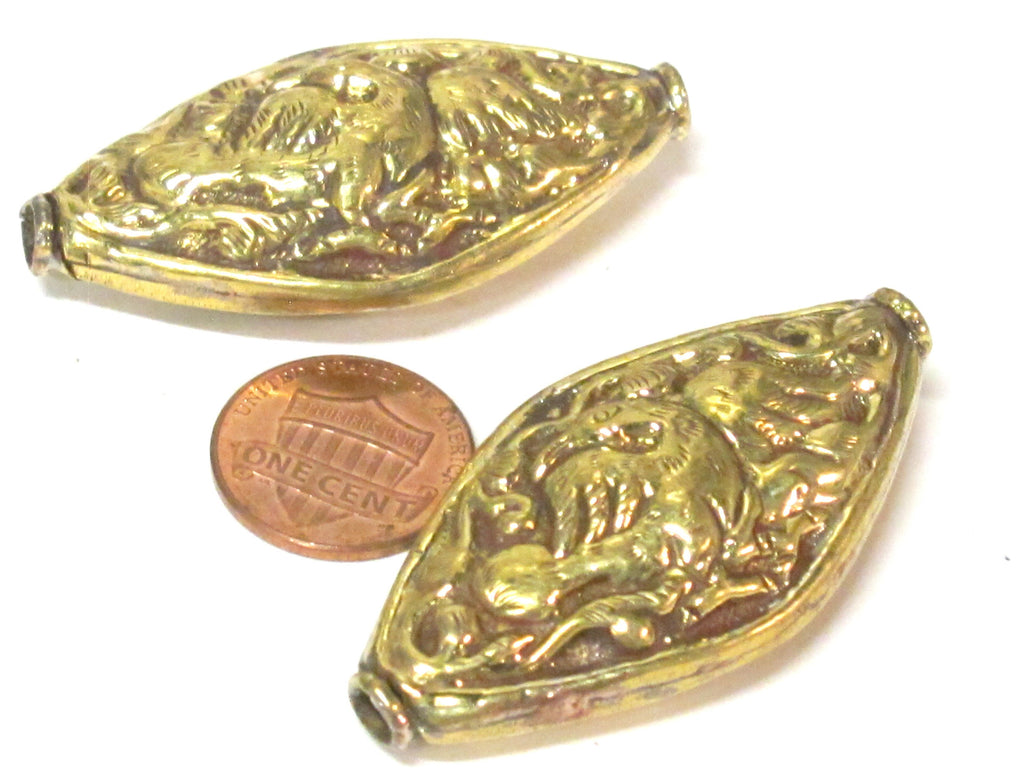 1 Bead - Dual sided large size Tibetan brass bead antiqued golden finish eagle phoenix bird carving repousse bead from Nepal - BD882B