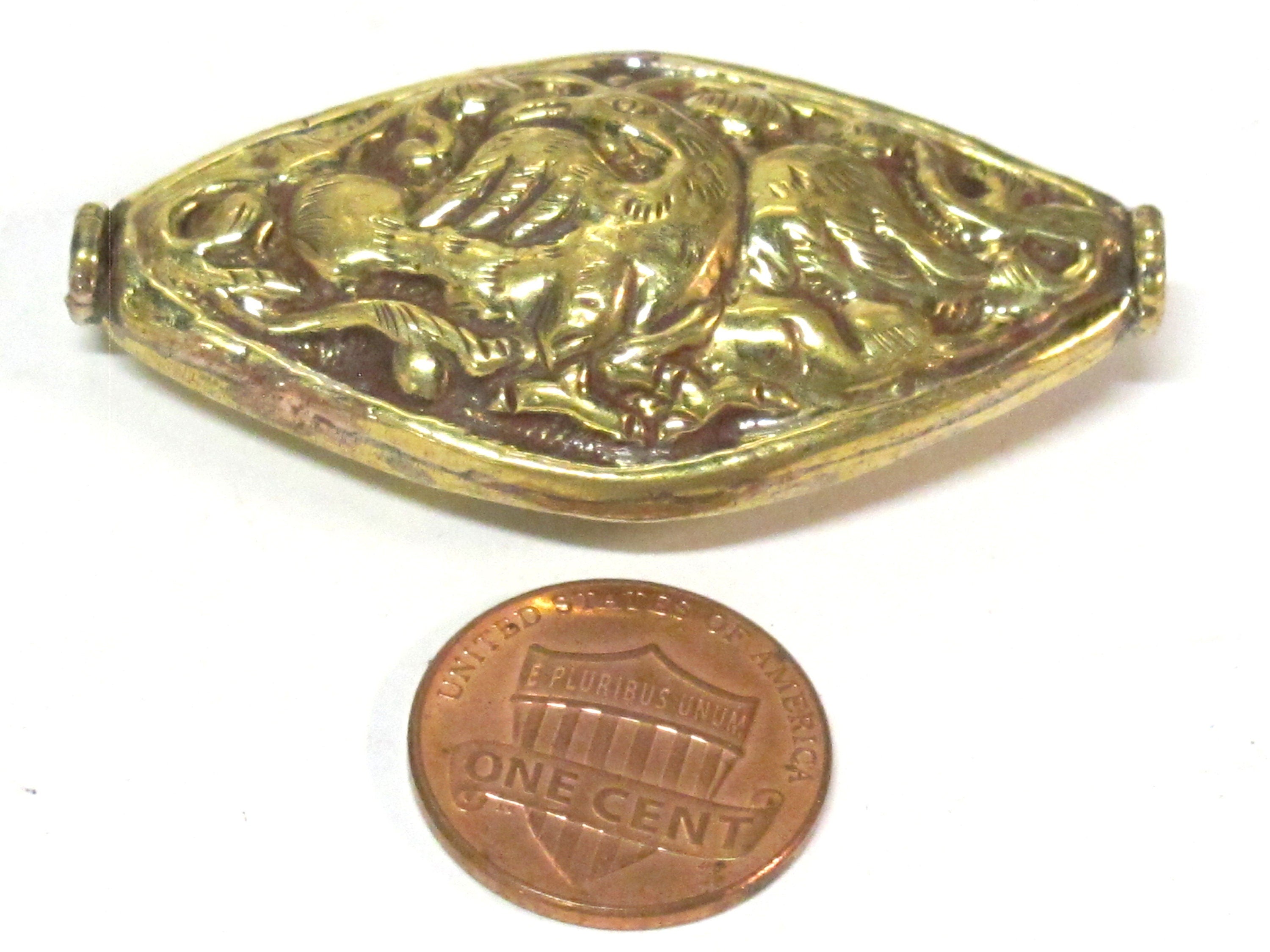 1 Bead - Dual sided large size Tibetan brass bead antiqued golden finish eagle phoenix bird carving repousse bead from Nepal - BD882B