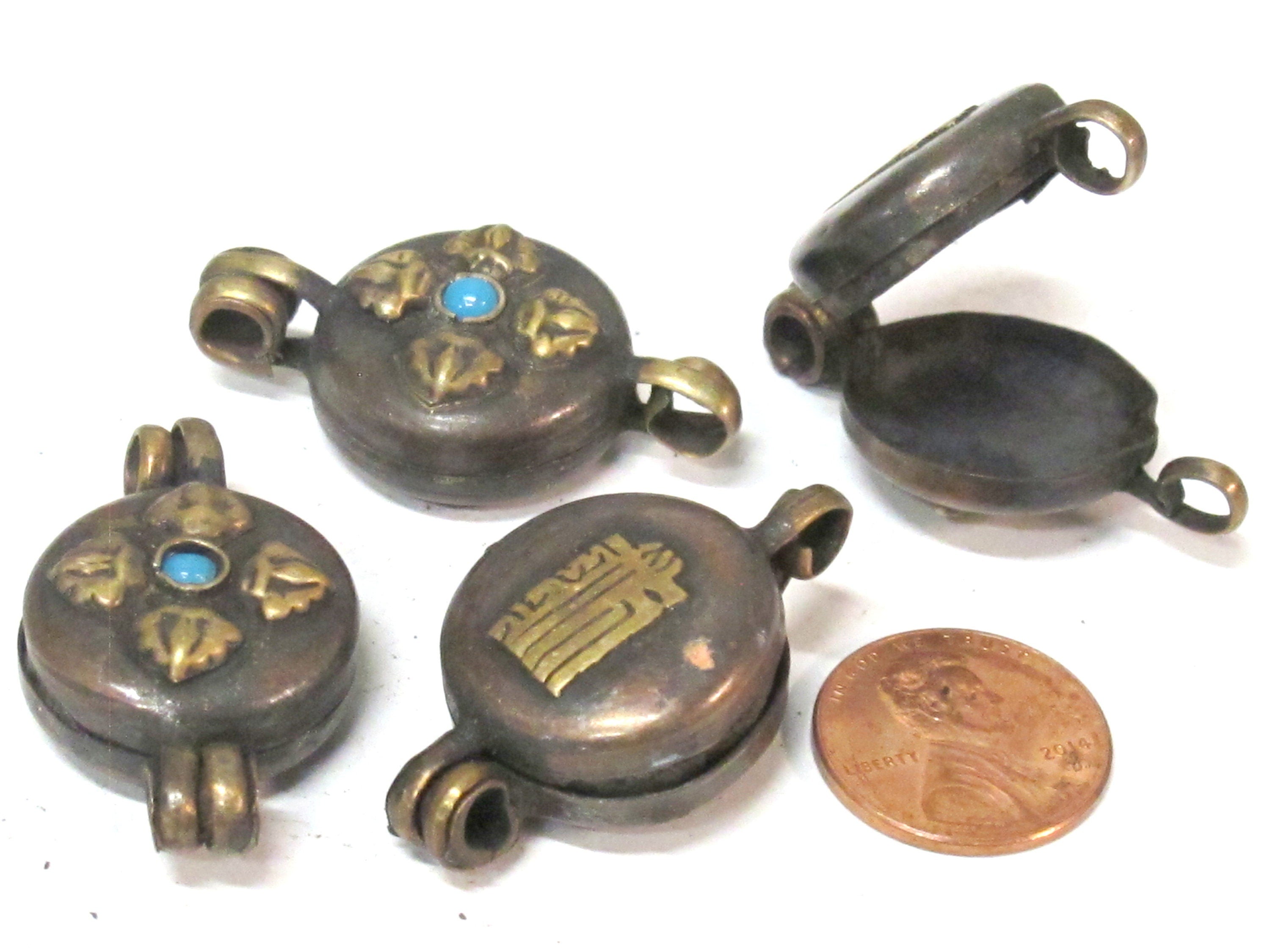 1 Pendant - Small size Tibetan Nepal double dorje prayer kalamantra box rustic finish copper pendant - PM306C