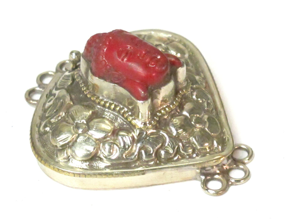 1 clasp - Large triangular heart shape ethnic Tibetan silver finish red buddha box clasp pendant from Nepal - LN039G