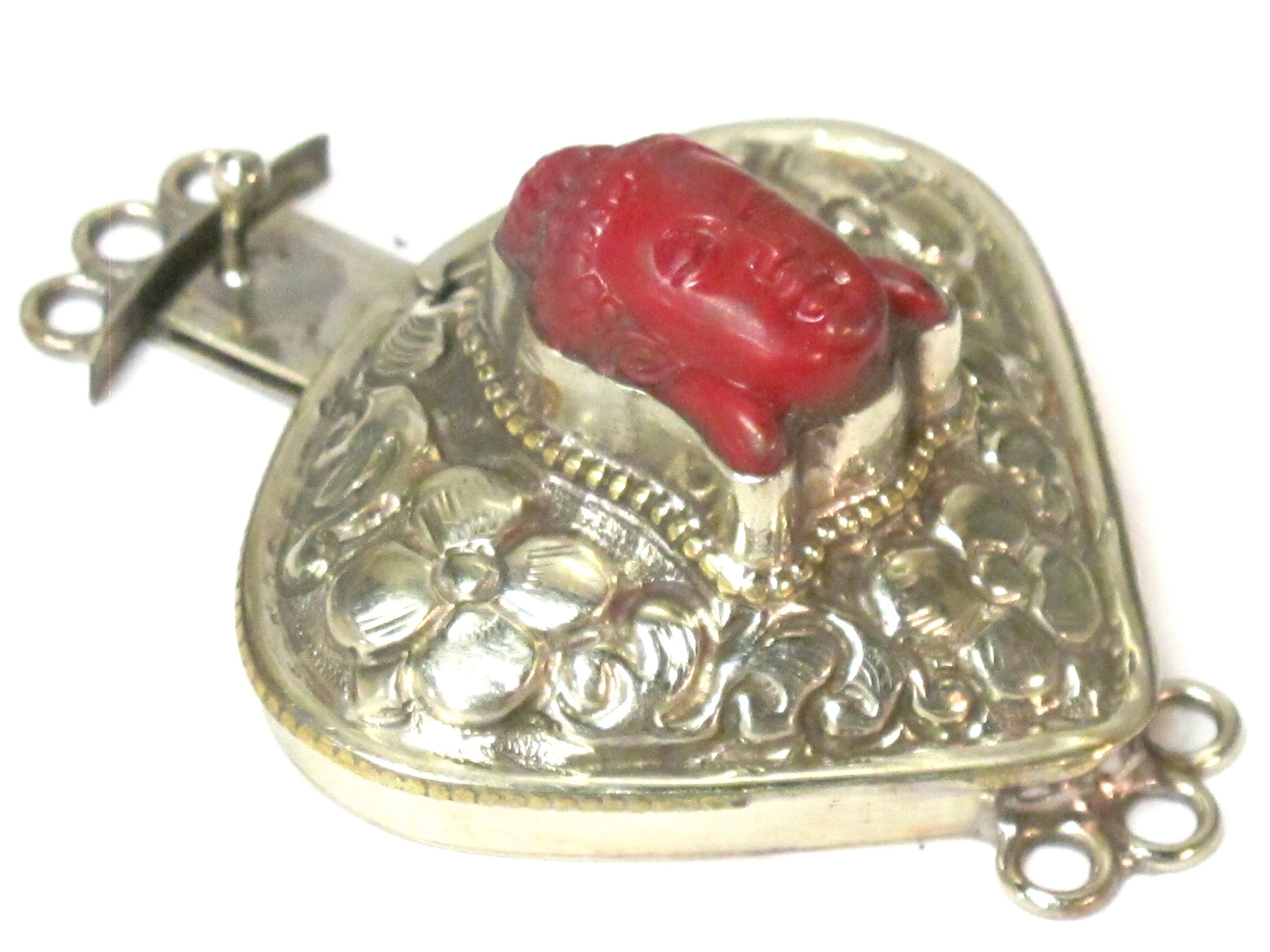 1 clasp - Large triangular heart shape ethnic Tibetan silver finish red buddha box clasp pendant from Nepal - LN039G