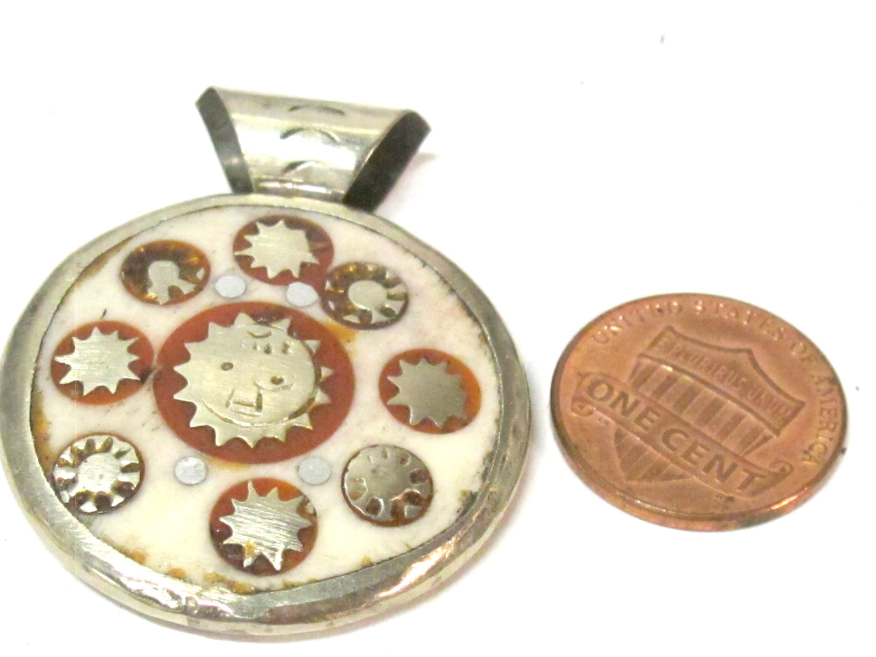 1 Pendant - Reversible round white cream color sun moon star tibetan recycled cattle bone pendant with infinity knot fish symbol - PM176K