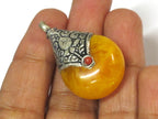 1 Pendant - Tibetan silver honey copal resin reversible pendant charms with lotus flower design on bail - PM612A