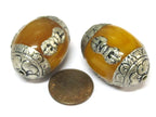 1 bead - Large Tibetan honey copal resin capped bead with tibetan silver dorje vajra symbol - BD121B
