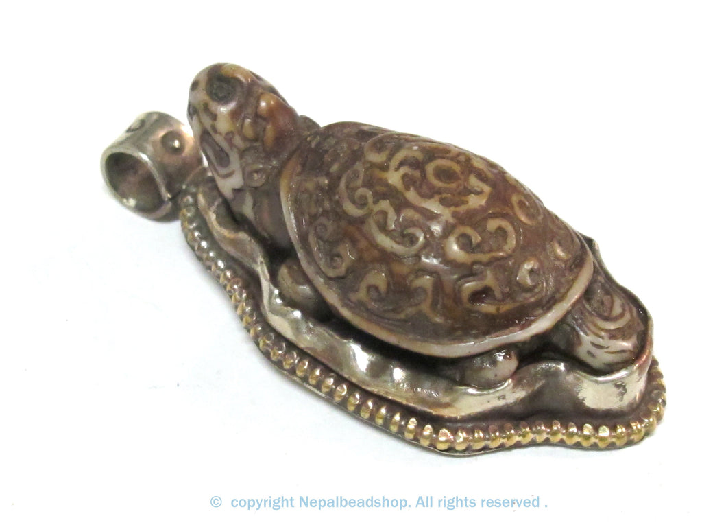 1 Pendant - Tibetan brown color carved Bone turtle tortoise design pendant with floral carving on reverse side - PB013D