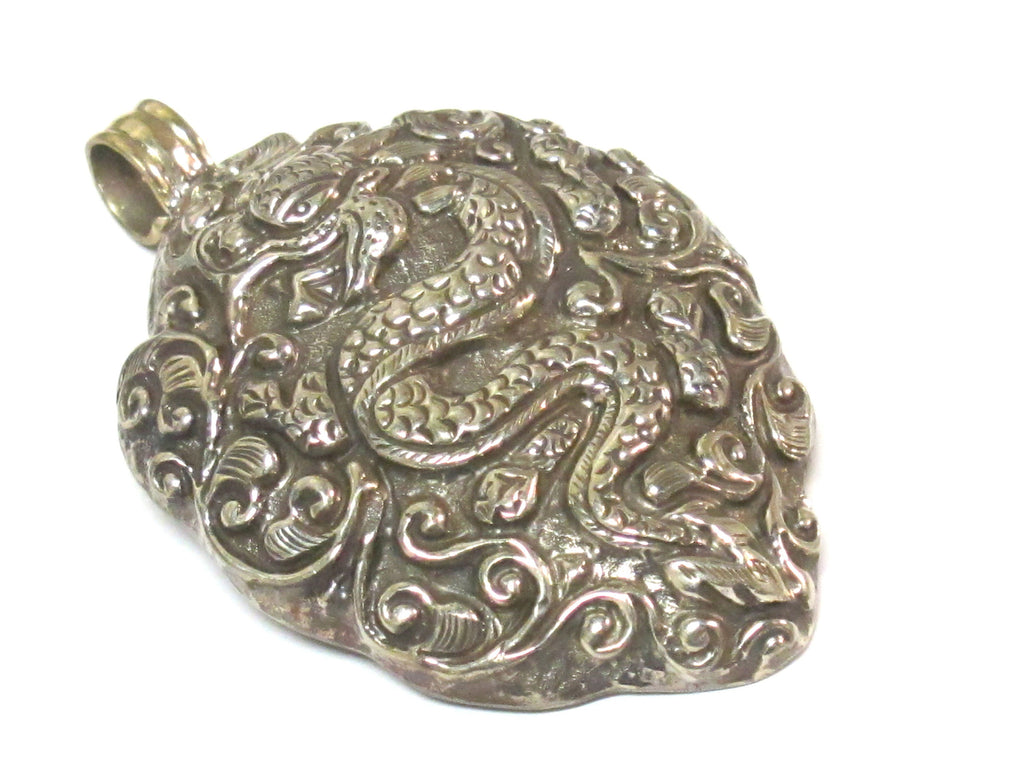 Large size Tibetan antiqued silver finish repousse Dragon pendant with mix carving on reverse side - PM351A