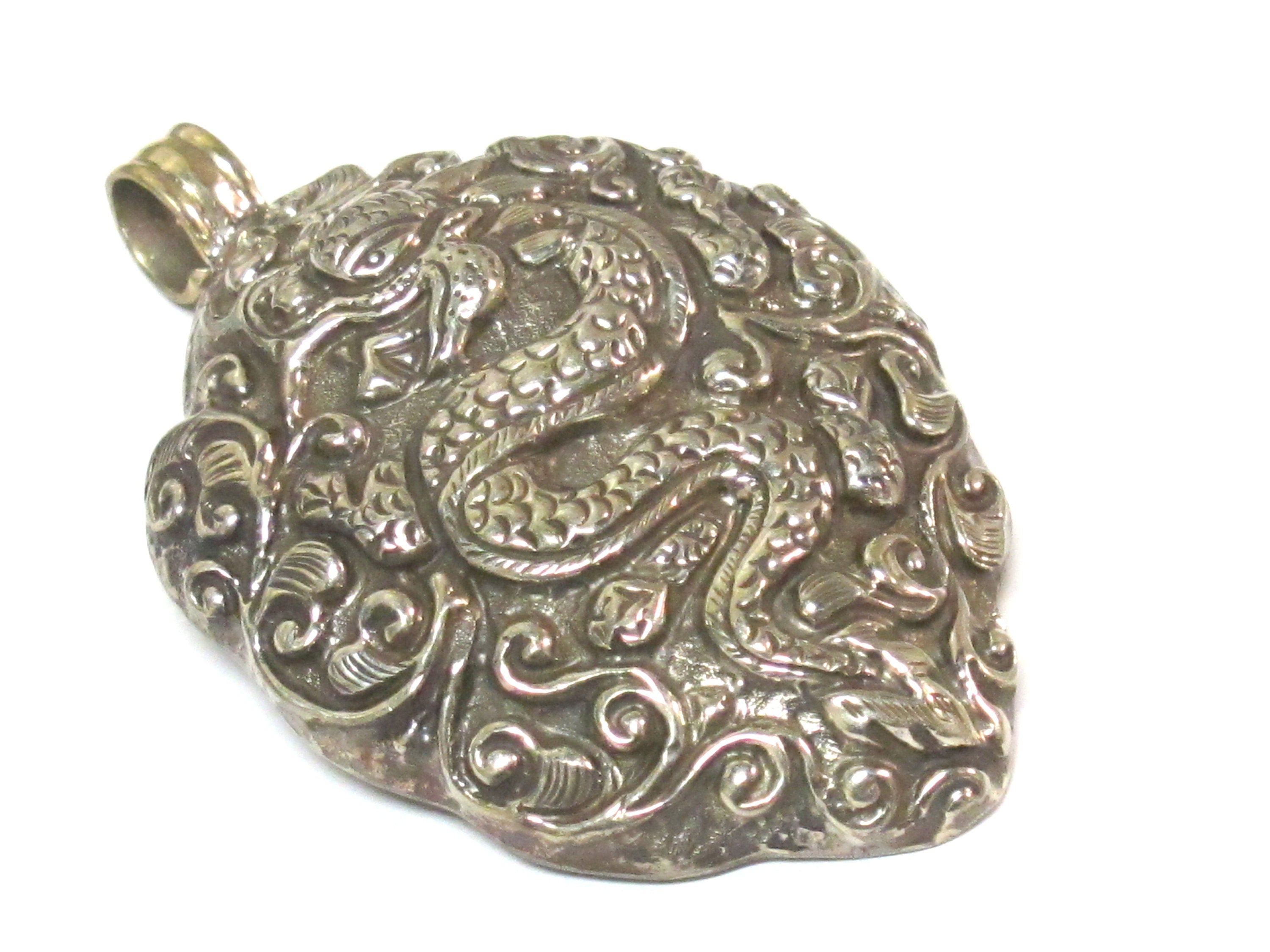 Large size Tibetan antiqued silver finish repousse Dragon pendant with mix carving on reverse side - PM351A