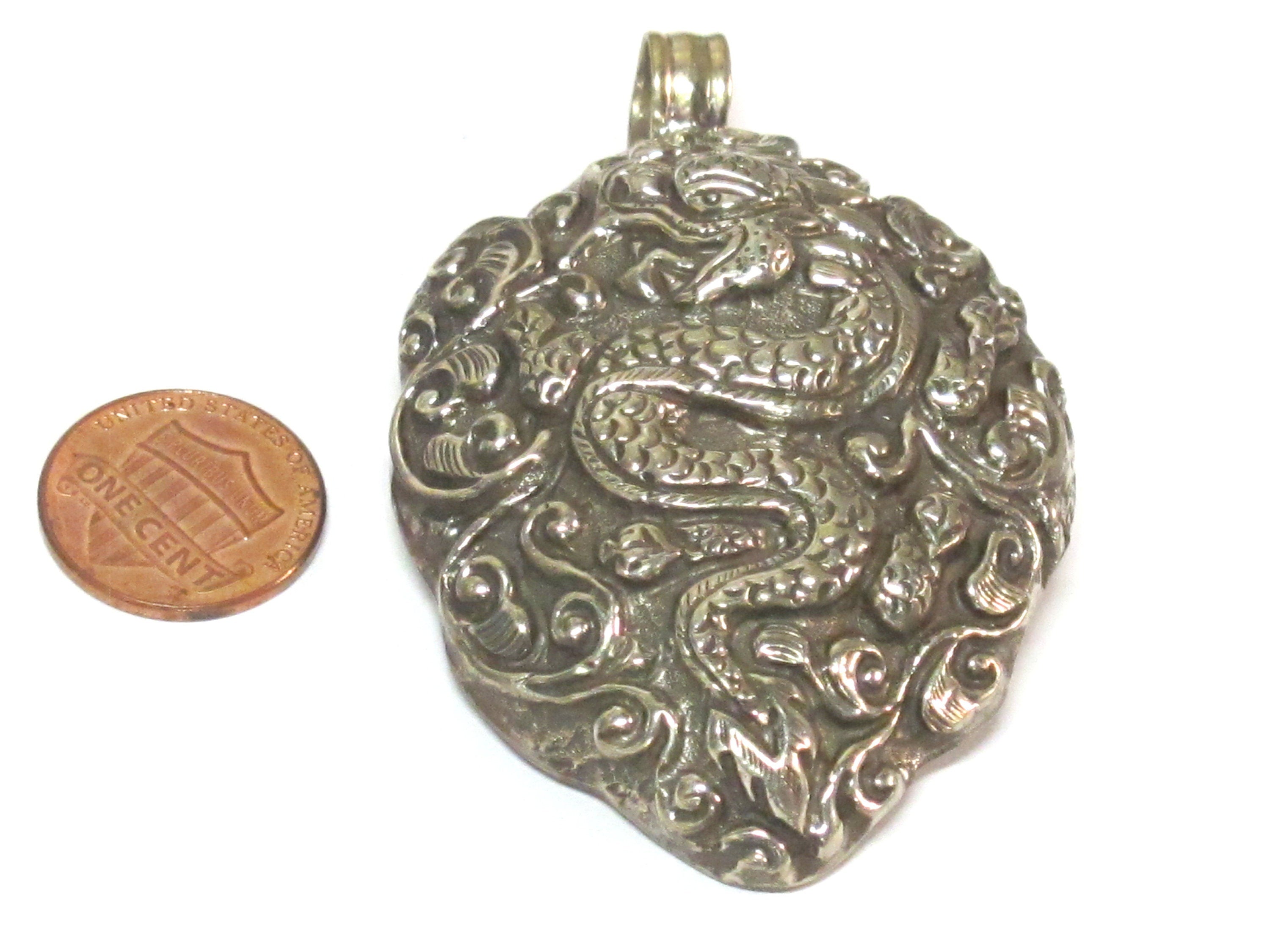 Large size Tibetan antiqued silver finish repousse Dragon pendant with mix carving on reverse side - PM351A