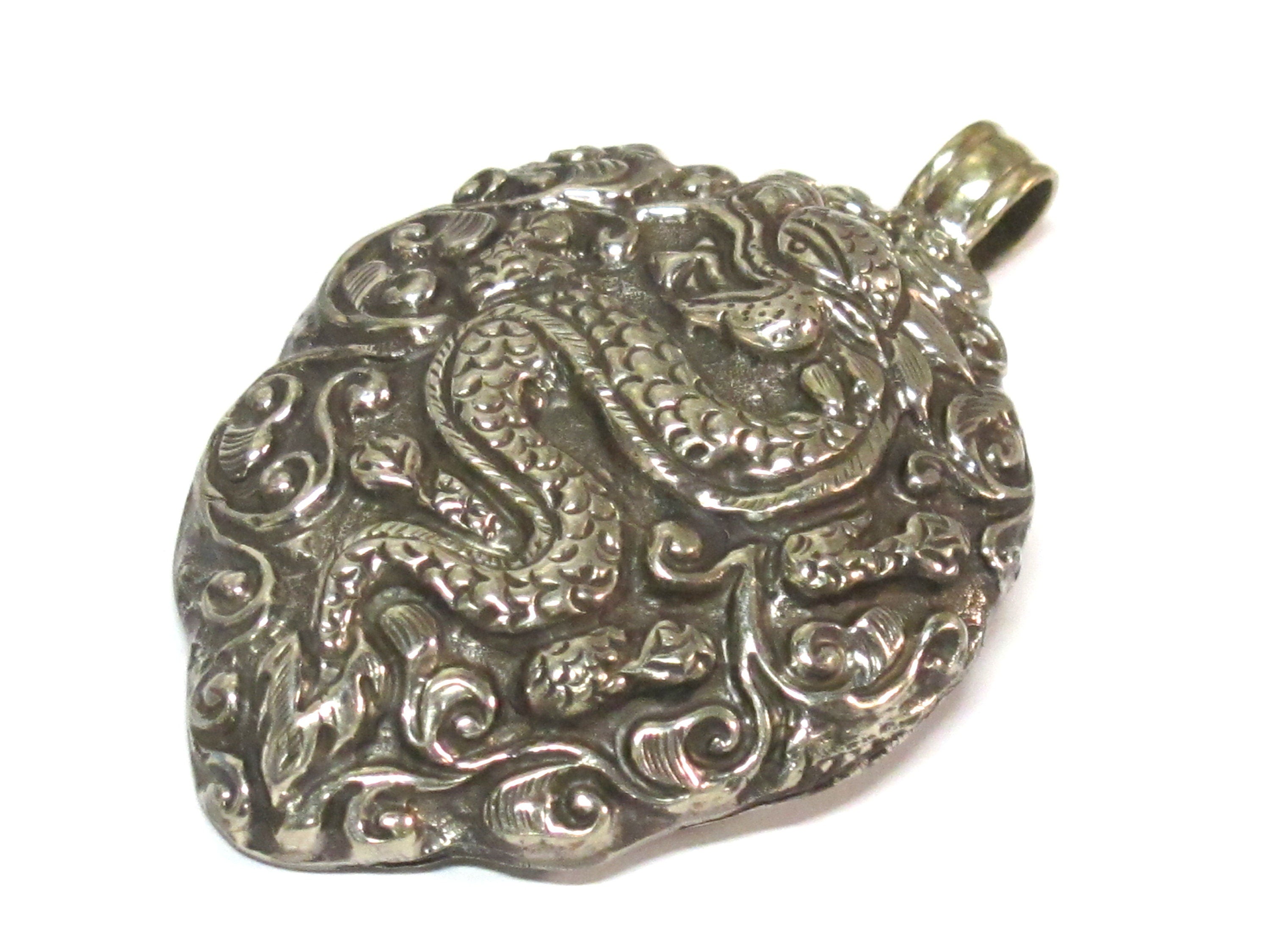 Large size Tibetan antiqued silver finish repousse Dragon pendant with mix carving on reverse side - PM351A
