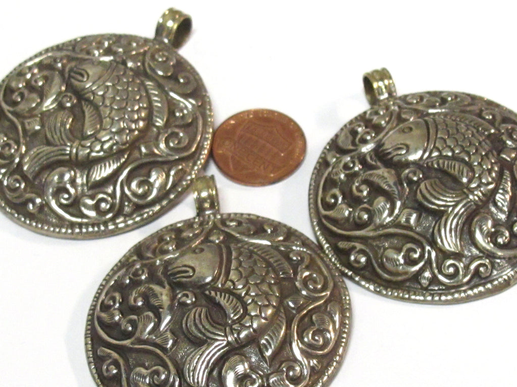 Large size Tibetan antiqued silver finish repousse Fish pendant with reverse side carving Nepal - PM351R