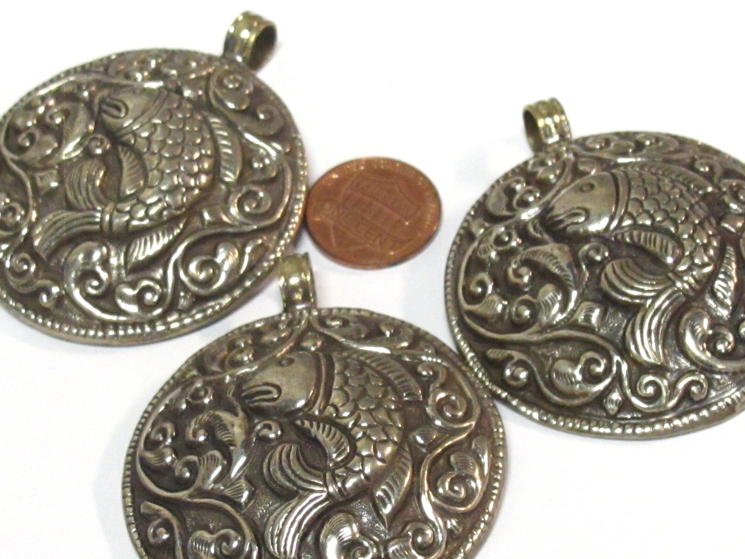 Large size Tibetan antiqued silver finish repousse Fish pendant with reverse side carving Nepal - PM351R